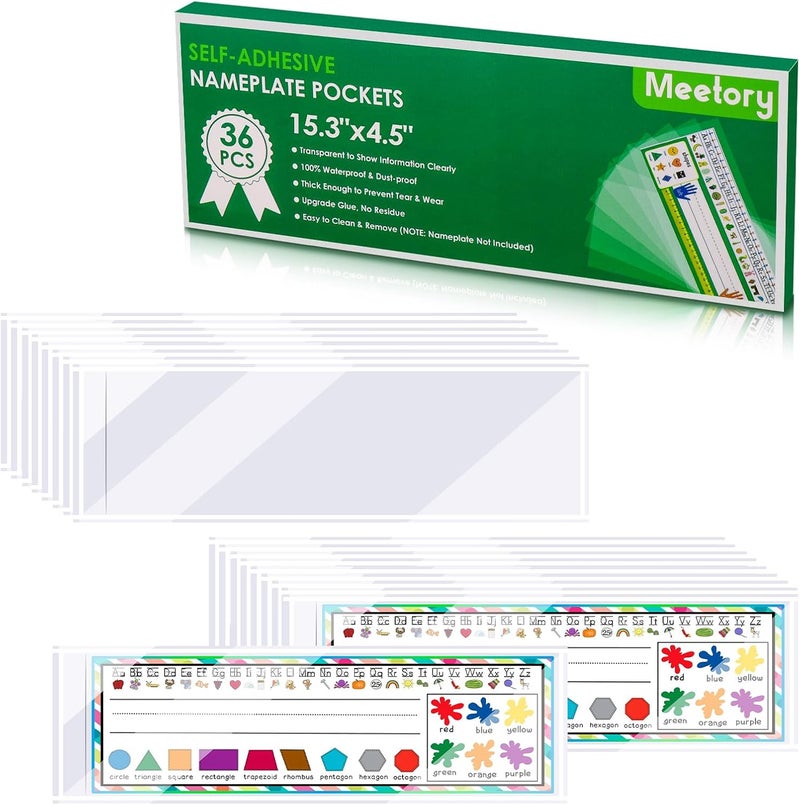 Meetory 36 PCS Upgraded Nameplate Pocket, 15.3'' x 4.5'' Self Adhesive Desk Nameplates Name Tag Pocket,No Residue Clear Plastic View Name Tag Sleeves for Classroom Desk, Office Supplies (15.3 x 4.5'') - Image 1